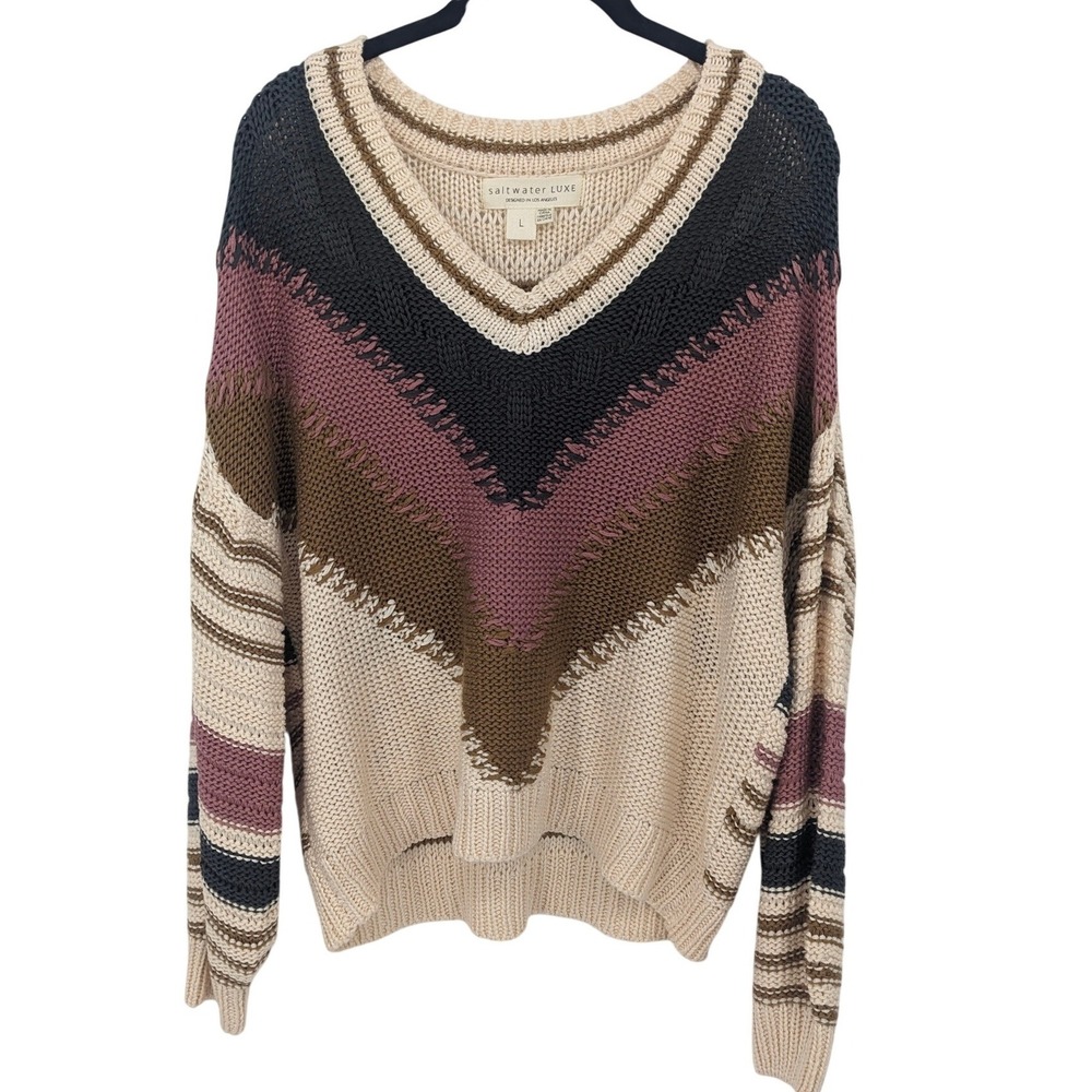 Saltwater Luxe Open Knit Sweater Womens Large Beige Chevron Pullover‎ Boho Aztec